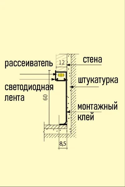 Потайной плинтус под светодиодную ленту Д 22-60 ММ ЛЕД, миниатюра 2